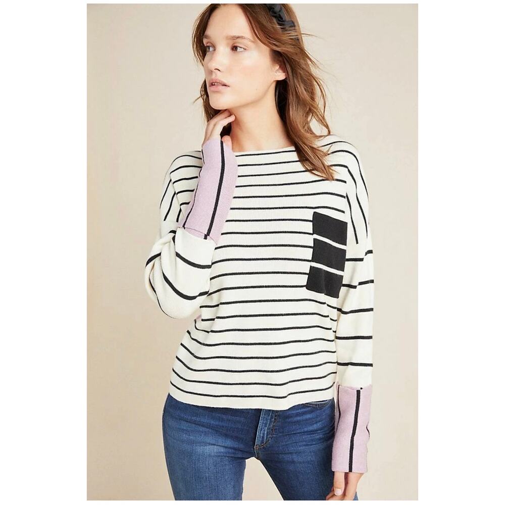 Anthropologie Faye Striped Sweater White Lavender Colorblocked Boatneck Sz M